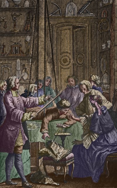 Elektrisch experiment uitgevoerd op een man door Abbe Jean Antoine Nollet (1700-70) in een natuurkundig kabinet, frontispice illustratie uit Essai sur l