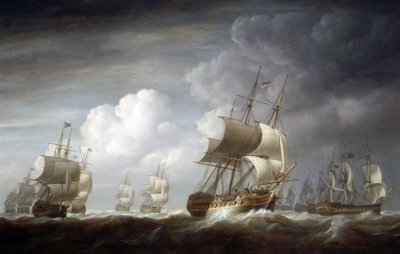 Een vloot van Indiaman-schepen, Britse schepen van de Oost-Indische Compagnie door Nicholas Pocock