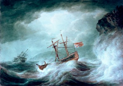 Een storm, met een verankerd schip in nood voor een rotsachtige kust door Nicholas Pocock