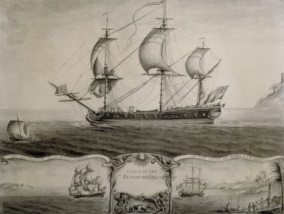Gezicht op het Blandford fregat op de reis naar West-Indië en handel op de Afrikaanse kust, ca. 1760 (pen en inkt en gewassen) door Nicholas Pocock