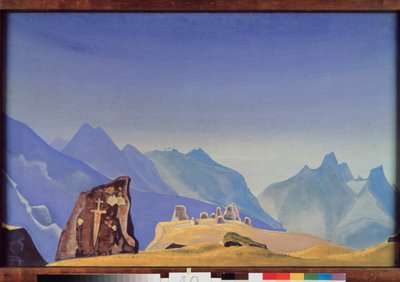 Het zwaard van Gesar Khan (of koning Gesar van Ling, Mongoolse en Tibetaanse held). (Ingehouwen rots op een top van de Himalaya). Werk van Nicolas Roerich (1874-1947) door Nicholas Roerich