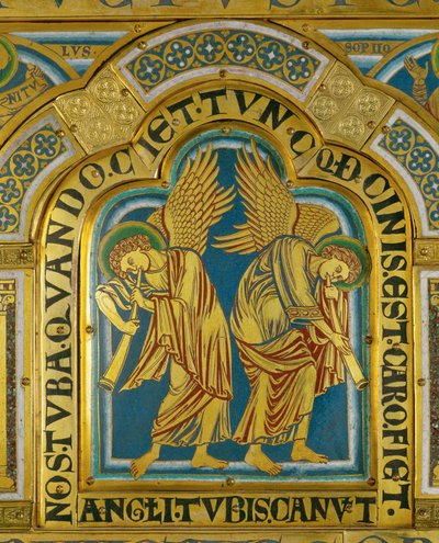 Engelen van de Verrijzenis, van het altaar van Verdun ... (geëmailleerde plaquette in champleve techniek op verguld koper) door Nicholas of Verdun
