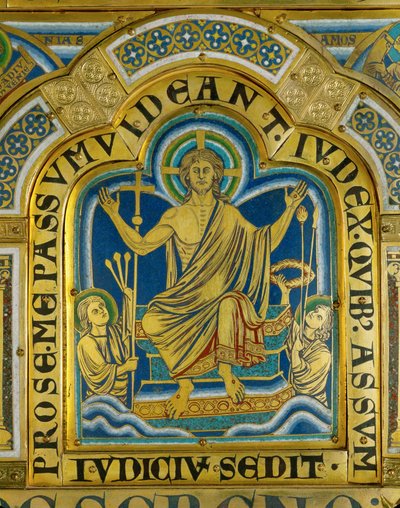 Christus zit in het oordeel, heiligen dragen de werktuigen van zijn passie ... (email op verguld koper) door Nicholas of Verdun