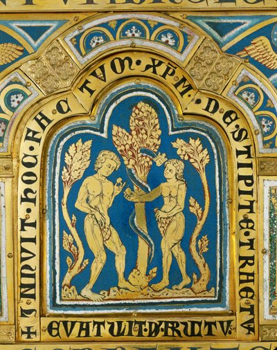 Eva overhandigt Adam de appel ... (email op verguld koper) door Nicholas of Verdun