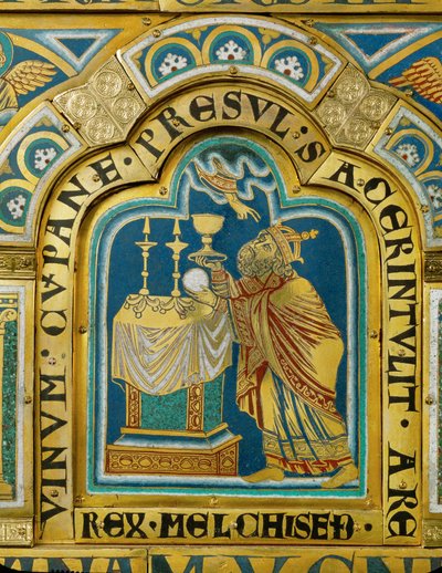 De Priester-koning van Salem, Melchizedek, offert brood en wijn ... (email op verguld koper) door Nicholas of Verdun