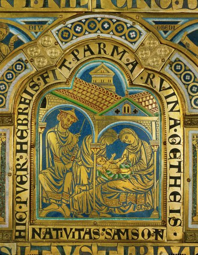 De geboorte van Simson, Manoach met een middeleeuwse joodse hoed ... (email op verguld koper) door Nicholas of Verdun