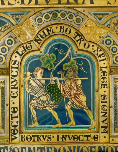 De verkenners keren terug uit de Vallei van Eshkol, met een reusachtige druif ... (email op verguld koper) door Nicholas of Verdun