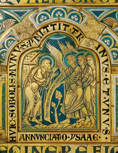 De drie engelen bezoeken Abraham ... door Nicholas of Verdun