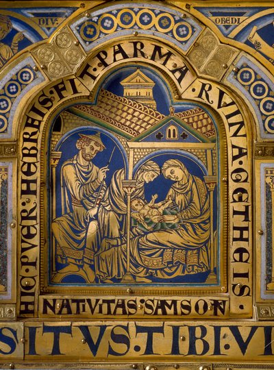 Verdun Altaar gemaakt in goud en email door Nicolas de Verdun (ca.1130/50-1205): scènes uit het Oude en Nieuwe Testament: detail dat de geboorte van Samson vertegenwoordigt. 12e eeuw Klosterneuburg Wenen, Oostenrijk door Nicholas of Verdun