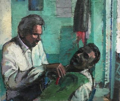 Barbershop, 2017-23 (olieverf op board) door Nick Williams