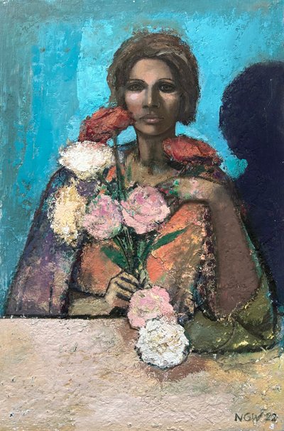Bloemenmeisje, 2022-23 (olieverf op board) door Nick Williams