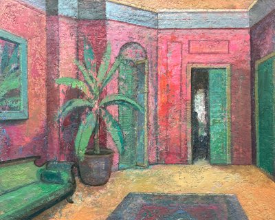 Rood interieur, 2022-23 (olieverf op board) door Nick Williams