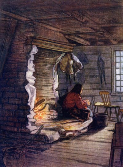 Noorwegen: het diner bereiden, een interieur van een cottage in Saelbo (kleur litho) door Nico Jungman