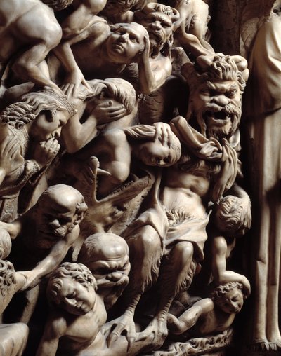 Gotische kunst: detail van reliëfs die verdoemden naar de hel tonen in het laatste oordeel, marmeren preekstoel door Nicola Pisano door Nicola Pisano