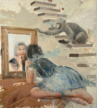 Spiegelmeisje met baviaan, 2023 door Nicola Pucci