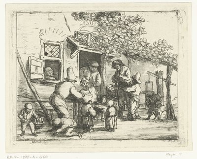 Twee straatmuzikanten voor een huis door Nicolaas Albrecht