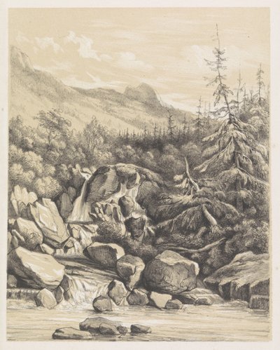 Berglandschap met waterval door Nicolaas Barnouw