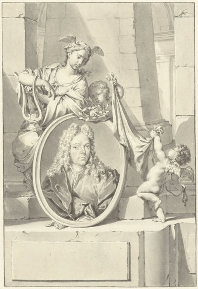Putti en een vrouw bij een medaillon met het portret van Arnold Houbraken door Nicolaas Verkolje