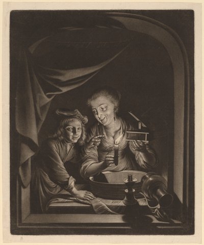Dienstmeid met een Muizenval door Nicolaas Verkolje after Gerrit Dou