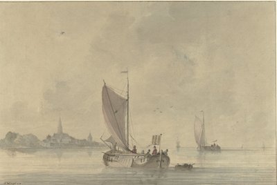 Zeilende schuiten op het water voor een Hollands stadje door Nicolaas Wicart