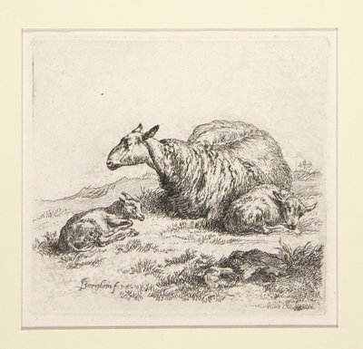 2 etsen uit De Set van de Schapen met de herderin en de schapen, de zogenaamde Vrouw door Nicolaes Berchem