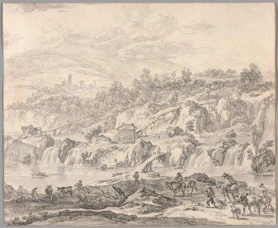 Landschap met Watervallen en Bruggen, Boeren op de Voorgrond door Nicolaes Berchem