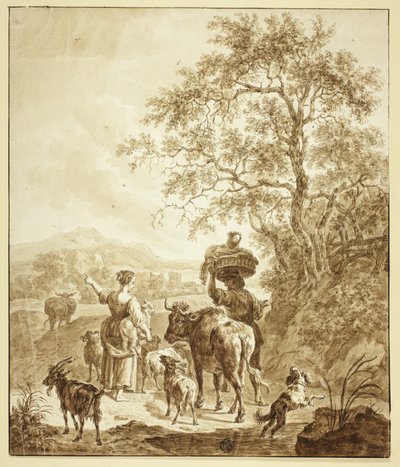 Herderin en Boer met Kudde in Italiaans Landschap door Nicolaes Berchem