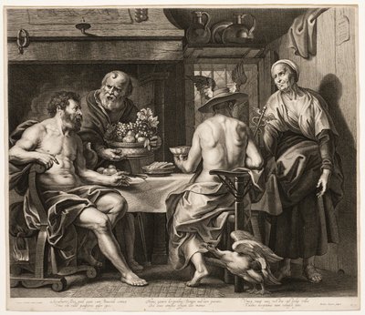 Jupiter en Mercurius met Baucis en Philemon door Nicolaes Lauwers