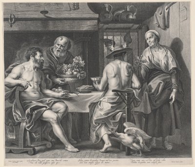Jupiter en Mercurius Vermaakt door Philemon en Baucis door Nicolaes Lauwers, after Jacob Jordaens