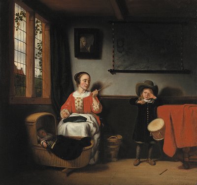 Dutch: Jonge vrouw met een roede bij een wieg en een jongen met een trommel The Naughty Drummer / Young woman with a rod near a cradle and a boy with a drum door Nicolaes Maes