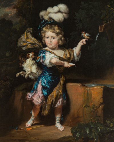 Dutch: Jongen met vogel en hond bij een fontein Boy with bird and dog at a fountain door Nicolaes Maes
