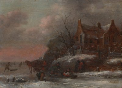 Een winterlandschap met figuren die sleeën op een bevroren rivier door Nicolaes Molenaer