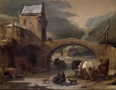 Een Winterlandschap met Boeren en Paarden op een Bevroren Kanaal bij een Versterkte Brug, ca. 1660-70 door Nicolaes Pietersz. Berchem