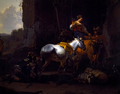 Een Italiaans landschap met boeren buiten een herberg door Nicolaes Pietersz. Berchem