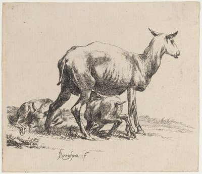 Ooi die haar lam voedt door Nicolaes Pietersz Berchem