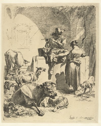 Fluitspelende herder en spinster door Nicolaes Pietersz Berchem