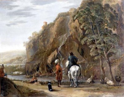 Italiaans landschap met figuren en een paard op een weg door Nicolaes Pietersz. Berchem
