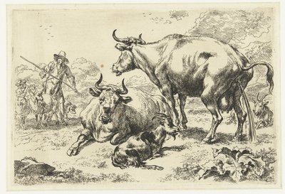 Liggende en een pissende koe door Nicolaes Pietersz Berchem
