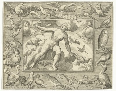 Element lucht als jonge man op wolken tussen vliegende vogels door Nicolaes de Bruyn