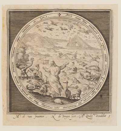 Vijfde dag: De schepping van vogels en vissen, van de schepping tot de verdrijving uit het paradijs door Nicolaes de Bruyn