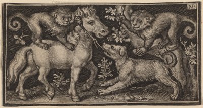 Paard met twee apen en een hond door Nicolaes de Bruyn