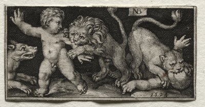 Leeuwen die kinderen aanvallen, 1594 door Nicolaes de Bruyn