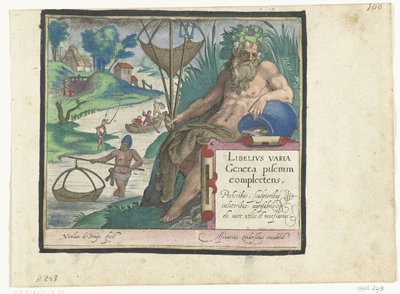 Titelprent met titel en riviergod met drietand en visnet in landschap met vissers door Nicolaes de Bruyn