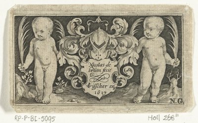 Titelprent met twee kinderen met palmblad naast wapenschild door Nicolaes de Bruyn