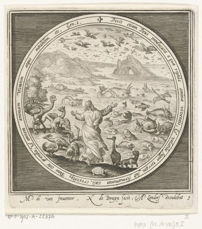 Vijfde dag van schepping: God schept vissen en vogels door Nicolaes de Bruyn