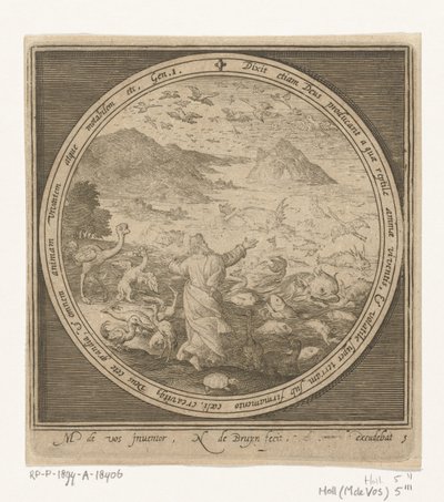Vijfde dag van schepping: God schept vissen en vogels door Nicolaes de Bruyn