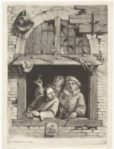 Drie rokers in een venster door Nicolaes van Haeften