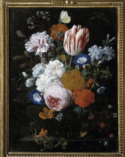 Bloemen in een glazen vaas door Nicolaes van Veerendael