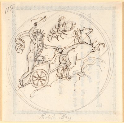 Apollo die zijn zonnewagen omhoog stuurt; bovenaan het sterrenbeeld Kreeft; cirkelvormig omlijst; toont de kortste dag door Nicolai Abildgaard