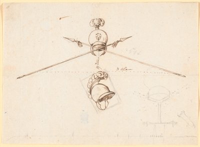 Decoratief ontwerp. Een helm en twee gekruiste speren enz. door Nicolai Abildgaard